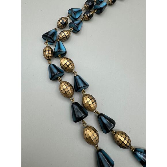 Vintage West Germany Two Strand Gold and Blue Bead Necklace - Picture 4 of 13